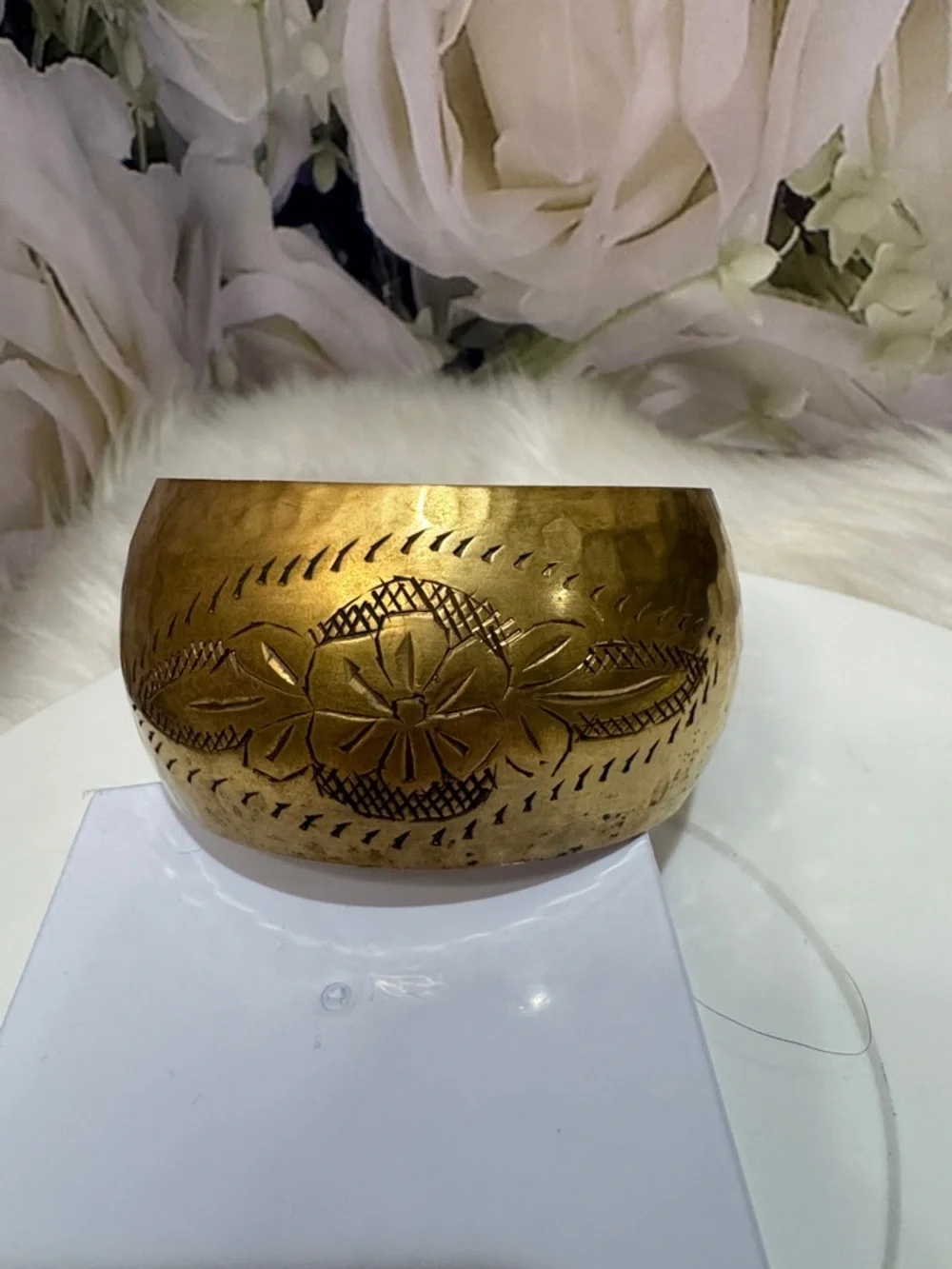 Vintage Brass Floral Engraved Cuff Bracelet